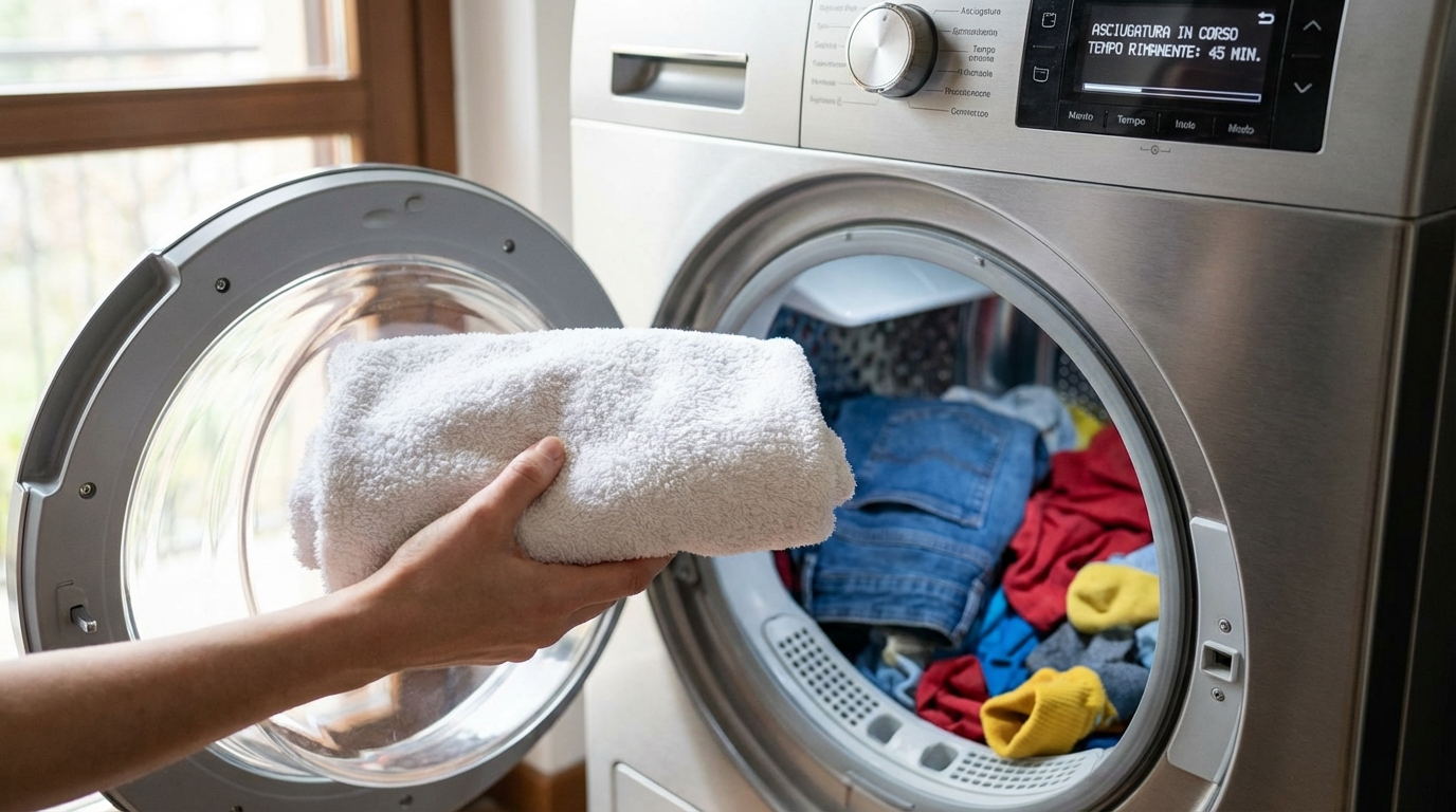 scopri il tessuto da bagno che i professionisti aggiungono sempre nell'asciugatrice per rendere il ciclo di asciugatura molto più rapido ed efficiente.