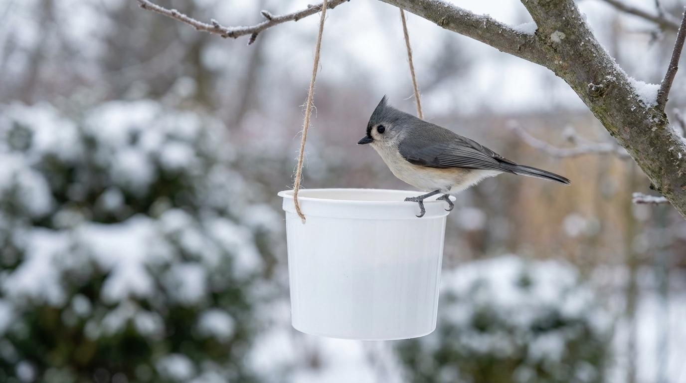 non gettate il vostro piccolo vaso di plastica: trasformatevelo nella mangiatoia preferita dagli uccelli per questo inverno e aiutate la fauna locale durante i mesi freddi.